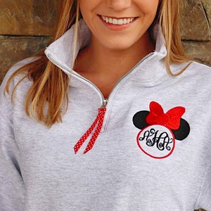 Minnie Mouse Monogram Disney Sweatshirt, Women's Zip up, Unisex Quarter Zip, Monogram Pullover