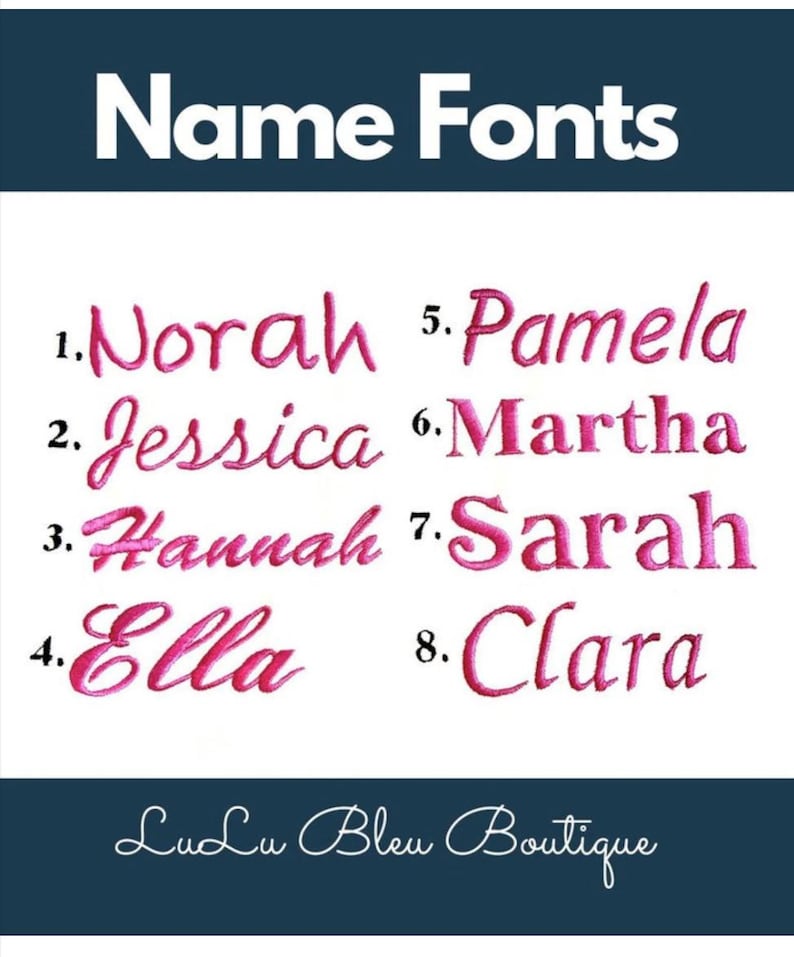 Puede incluir: Una imagen rosa y blanca que muestra ocho estilos de fuente diferentes para nombres. Los nombres son Norah, Jessica, Hannah, Ella, Pamela, Martha, Sarah y Clara. La imagen tambi&eacute;n incluye el texto "Name Fonts" y "LuLu Bleu Boutique".