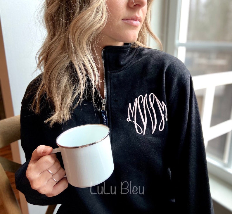 Monogram Charles River Sweatshirt Quarter Zip, Womens unisex fit Custom Name Oversized Pullover, Personalized Womens Jacket Gifts For Her image 2