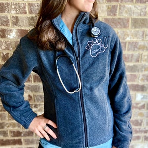 Personalized Name Vet Fleece Jacket with Paw, Monogram Veterinarian Gift Full Zip Scrub Jacket, Monogram Paw Stethoscope, Animal Lover Rehab image 5