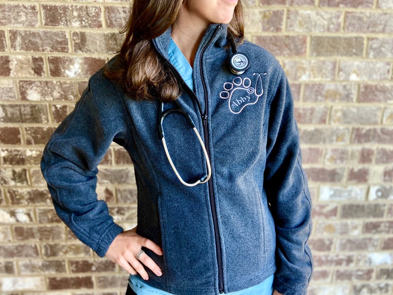 Personalized Name Vet Fleece Jacket with Paw, Monogram Veterinarian Gift Full Zip Scrub Jacket, Monogram Paw Stethoscope, Animal Lover Rehab image 5