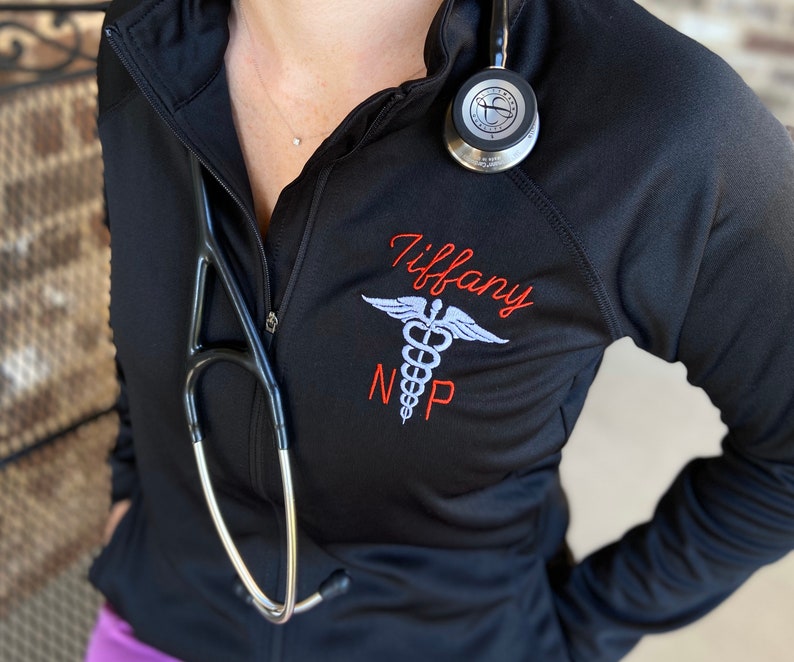 Ladies Personalized Healthcare Jacket Caduceus Nurse Etsy