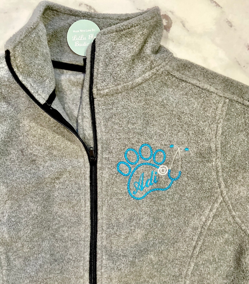 Personalized Name Vet Fleece Jacket with Paw, Monogram Veterinarian Gift Full Zip Scrub Jacket, Monogram Paw Stethoscope, Animal Lover Rehab image 4