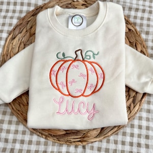 Pode incluir: Uma camisola de manga comprida cor de creme com uma abóbora laranja bordada com um caule e uma videira verdes. A abóbora está decorada com pequenos laços cor-de-rosa. O nome Lucy está bordado em letra cursiva rosa sob a abóbora.