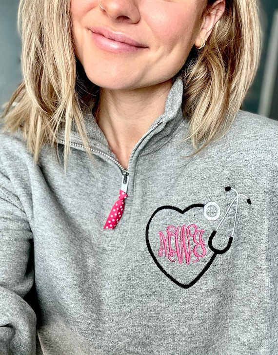 Nurse Heart Stethoscope Monogram Quarter Zip Pullover Nursing Sweatshirt  With Ribbon Nurse Gift Personalized Sweatshirt Monogrammed 