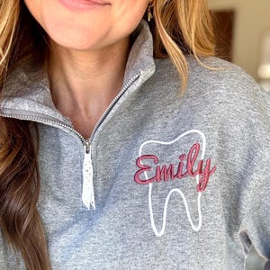 Dental Assistant Quarter Zip Sweatshirt –Personalized Custom Tooth Embroidery, Dentist Office Uniform, Hygienist Gift, Custom Name Pullover