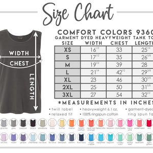 May include: Size chart for a Comfort Colors 9360 garment-dyed heavyweight tank top. The chart includes measurements in inches for width, chest, and length, ranging from XS to 3XL. The chart also shows a variety of available colors.