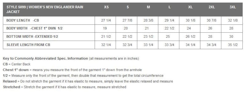 May include: A size chart for a women's rain jacket, showing measurements in inches for body length, body width, bottom width, and sleeve length. The chart includes sizes XS, S, M, L, XL, 2XL, and 3XL.
