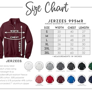Pu&ograve; includere: Tabella delle taglie per una felpa con zip a quarto di giro di colore bordeaux con zip nascosta. La tabella mostra le misure di larghezza, petto e lunghezza in pollici per le taglie S a 3XL.