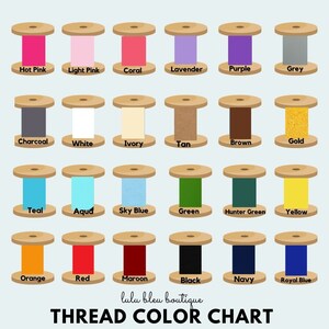 May include: A color chart of thread spools with 24 different colors, including hot pink, light pink, coral, lavender, purple, grey, charcoal, white, ivory, tan, brown, gold, teal, aqua, sky blue, green, hunter green, yellow, orange, red, maroon, black, navy, and royal blue. The chart is labeled "lulu bleu boutique THREAD COLOR CHART".