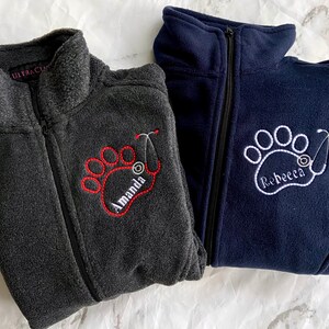 Personalized Name Vet Fleece Jacket with Paw, Monogram Veterinarian Gift Full Zip Scrub Jacket, Monogram Paw Stethoscope, Animal Lover Rehab image 2