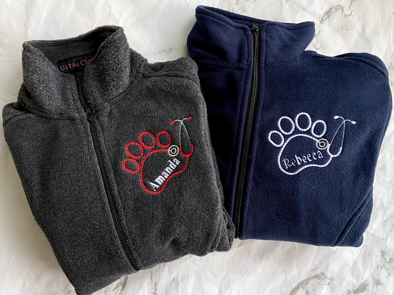 Personalized Name Vet Fleece Jacket with Paw, Monogram Veterinarian Gift Full Zip Scrub Jacket, Monogram Paw Stethoscope, Animal Lover Rehab image 2