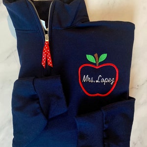 Teacher Monogram Sweatshirt- Apple Zip up- Quarter Zip Educator Gift | Personalized Sweatshirt for Teacher | Preschool Worker gift