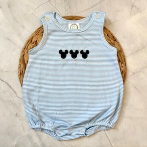 May include: A sleeveless romper featuring a light blue and white horizontal striped pattern. The garment has a round neckline with two white buttons at the shoulders and three black mouse ear silhouettes centered on the chest. The bottom has snaps.