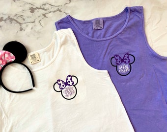 Koszulka bez rękawów z monogramem Myszki Minnie Disney, damska wygodna koszulka bez rękawów Disney (rozmiar unisex), koszulka bez rękawów z Myszką Minnie w groszki