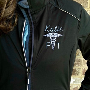 Personalized Caduceus Nurse Jacket, Custom Name Full Zip Jacket for Physical Therapists / Medical Symbol Jacket, Caduceus Monogram Full Zip