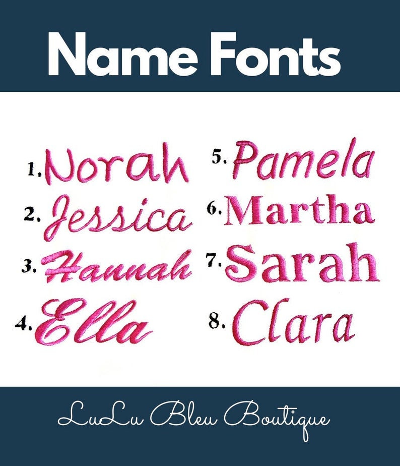 May include: A white background with pink text showing eight different font styles for names. The text reads: "Name Fonts" and includes the names "Norah", "Jessica", "Hannah", "Ella", "Pamela", "Martha", "Sarah", and "Clara".