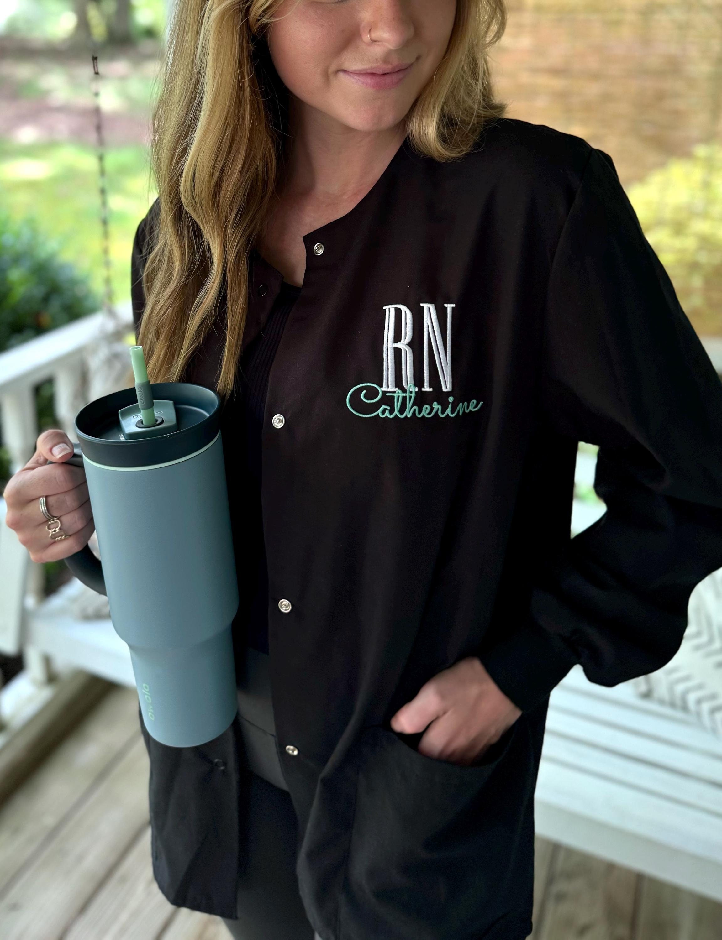 Monogram nurse scrub jacket deals