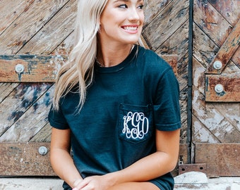 Monogram Comfort Colors Pocket Tee, Short Sleeve Monogram Shirt,  Personalized Shirt for Women, Summer Shirt for Her, Custom Name Crew Neck