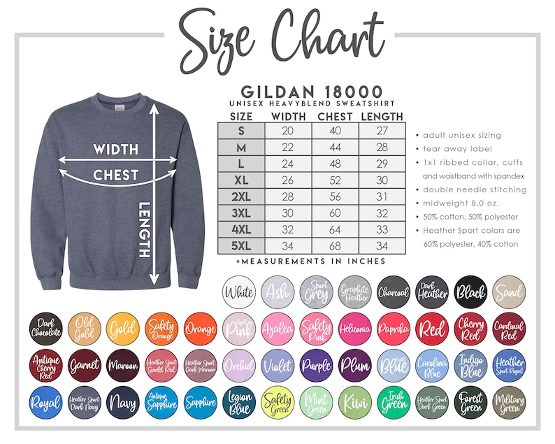 Puede incluir: Tabla de tallas para sudadera de mezcla pesada unisex Gildan 18000. La tabla muestra las tallas S a 5XL con las medidas de ancho, pecho y largo correspondientes en pulgadas. La tabla tambi&eacute;n incluye detalles sobre las caracter&iacute;sticas de la sudadera, como la etiqueta extra&iacute;ble, el cuello acanalado, los pu&ntilde;os y la cintura con spandex, la costura de doble aguja y la composici&oacute;n de la tela.