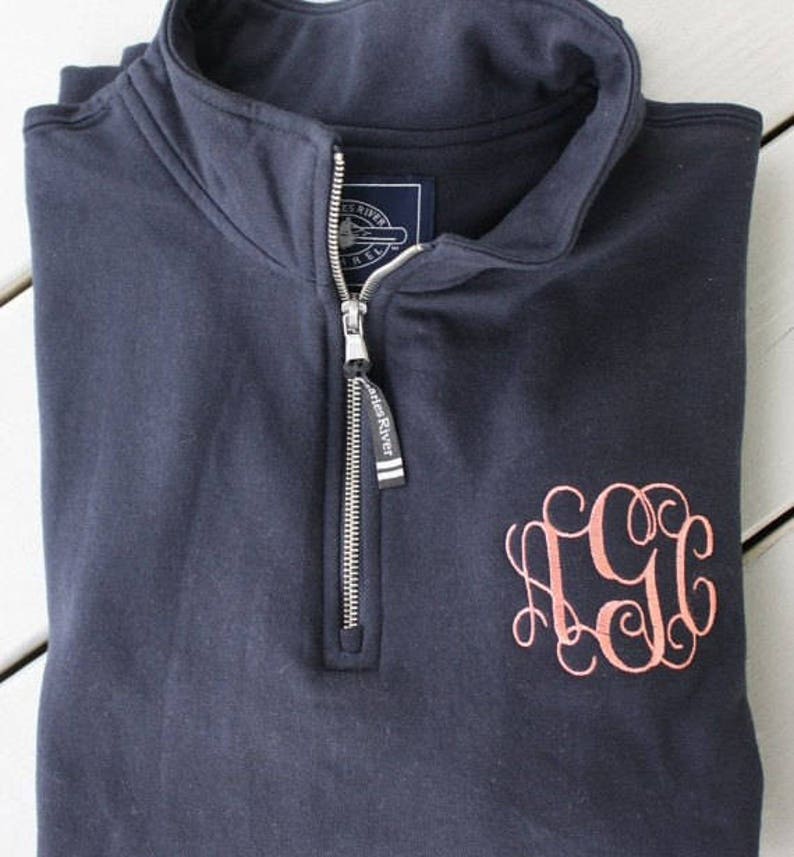 Monogram Charles River Sweatshirt Quarter Zip, Womens unisex fit Custom Name Oversized Pullover, Personalized Womens Jacket Gifts For Her image 4