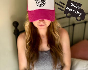 Women's Leopard Disney Trucker Hat, Hot Pink Mickey Mouse Ladies Hat