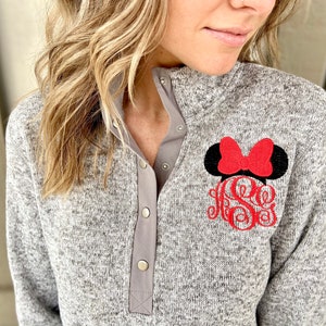 Minnie Mouse Disney Women's Monogram Button Pullover Sweatshirt, Charles Rivers Pink Pullover Quarter zip