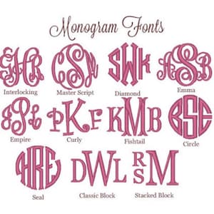 Pu&ograve; includere: Un grafico che mostra 10 diversi font per monogrammi, tra cui Interlocking, Master Script, Diamond, Emma, Empire, Curly, Fishtail, Circle, Seal, Classic Block e Stacked Block.
