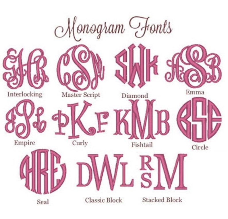 Pu&ograve; includere: Un grafico che mostra 10 diversi font per monogrammi, tra cui Interlocking, Master Script, Diamond, Emma, Empire, Curly, Fishtail, Circle, Seal, Classic Block e Stacked Block.