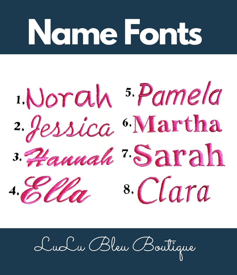 Puede incluir: Sobre un fondo blanco, el texto "Name Fonts" se muestra en blanco. Debajo, ocho nombres en fuente rosa: Norah, Jessica, Hannah, Ella, Pamela, Martha, Sarah y Clara. El logotipo de LuLu Bleu Boutique est&aacute; en la parte inferior.