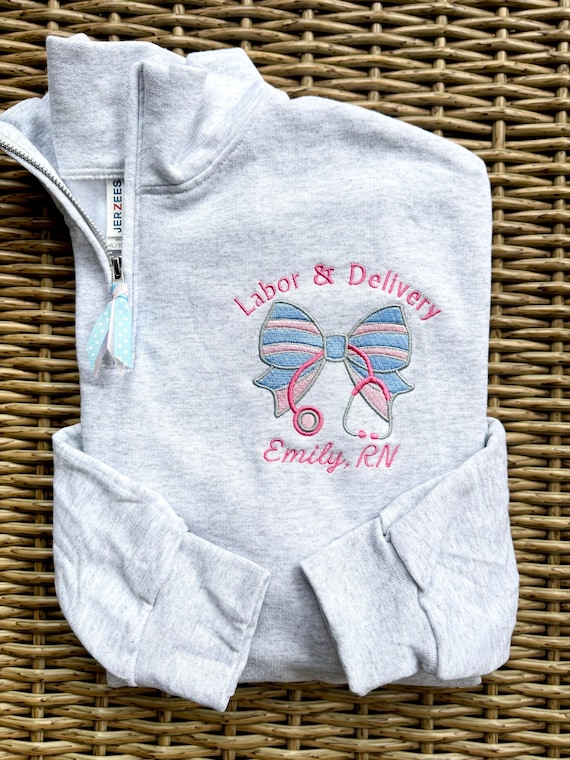 Personalized Labor and Delivery Nurse Sweatshirt, Baby Blanket Bow Quarter Zip, Custom gift RN pullover sweater, NICU Mother Baby CNA Tech