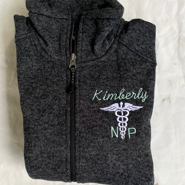 Personalized Medical Symbol Credentials Name Charles River jacket full zip sweater- Heathered- Quarter Zip- Women's Sweater RN NP PA