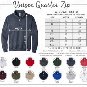 May include: A dark heather navy quarter zip sweatshirt with a metal zipper and ribbed cuffs. The image includes a sizing chart with width and length measurements in inches, product specifications, and a color palette showing 14 available color options.
