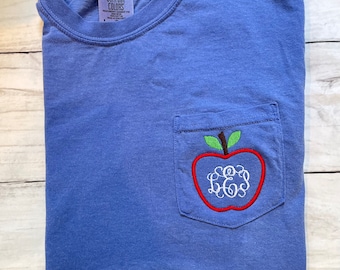 Teacher Monogram Apple Short Sleeve Pocket Tee Shirt, Comfort Colors Teacher T-shirt, Educator Gift, Graduation Gift, Apple Shirt