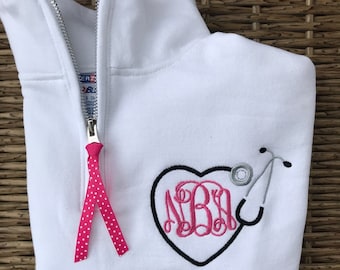 Personalized Ladies Nurse/Doctor Heart Stethoscope Full-Zip Jacket, Monogram Nurse Sweatshirt, Monogrammed Nurse Pullover