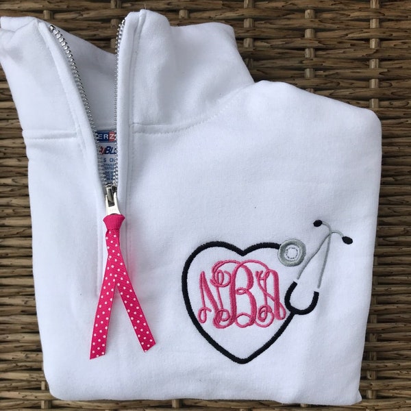 Personalized Ladies Nurse/Doctor Heart Stethoscope Full-Zip Jacket, Monogram Nurse Sweatshirt, Monogrammed Nurse Pullover