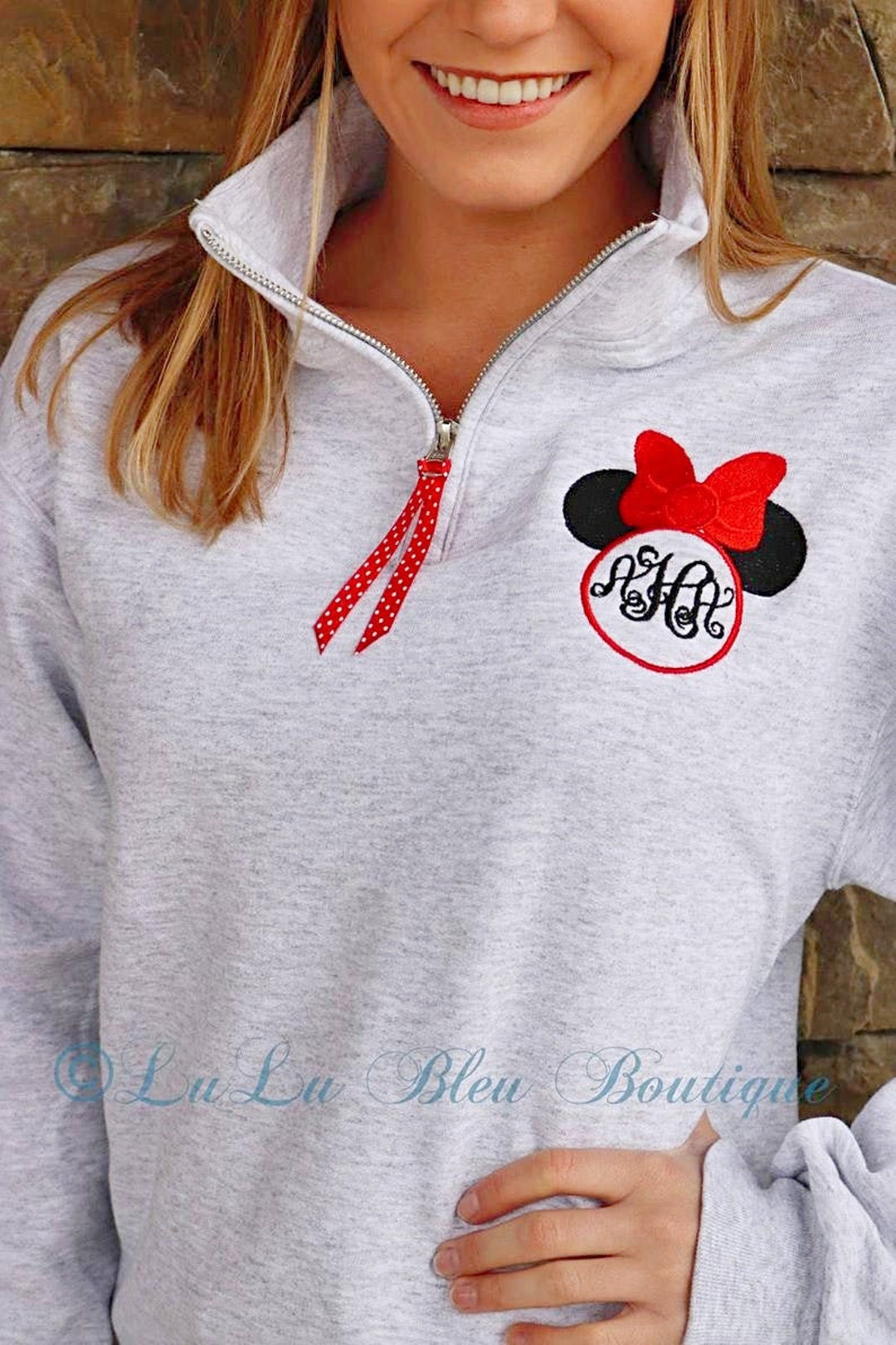 Felpa con monogramma di Minnie Mouse Disney, da donna con cerniera, unisex,  con cerniera a un quarto, pullover con monogramma Italia