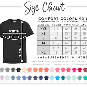 May include: A black Comfort Colors youth heavyweight t-shirt with a size chart. The chart lists sizes XXS to XL, with measurements in inches for width, chest, and length. The shirt is garment-dyed and made of ring-spun cotton.