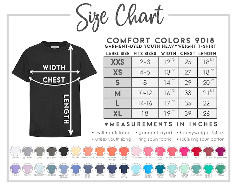 May include: A black Comfort Colors youth heavyweight t-shirt with a size chart. The chart lists sizes XXS to XL, with measurements in inches for width, chest, and length. The shirt is garment-dyed and made of ring-spun cotton.