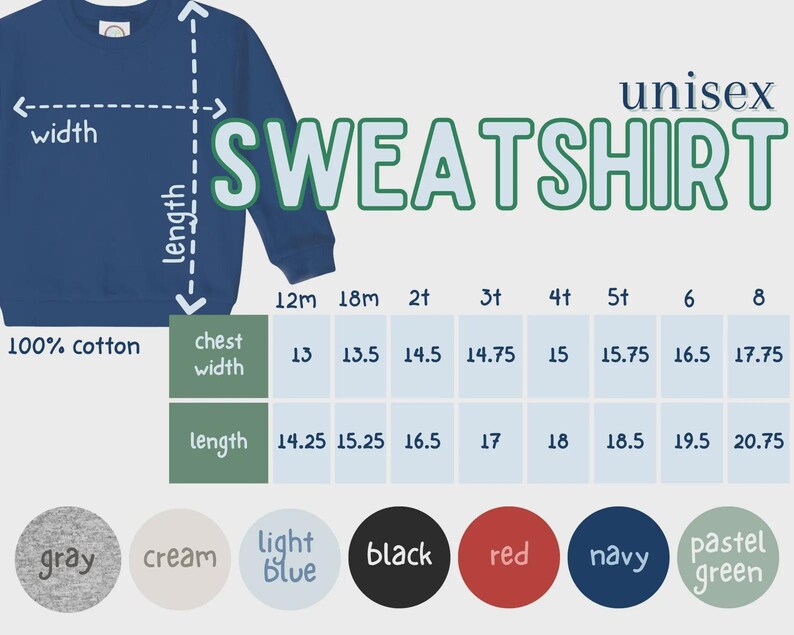 Op de afbeelding: Een marineblauw unisex sweatshirt van 100% katoen. De afbeelding bevat een maattabel met borstbreedte- en lengtematen in cm voor maten 12m tot 8. Beschikbare kleuren zijn grijs, cr&egrave;me, lichtblauw, zwart, rood, marineblauw en pastelgroen.