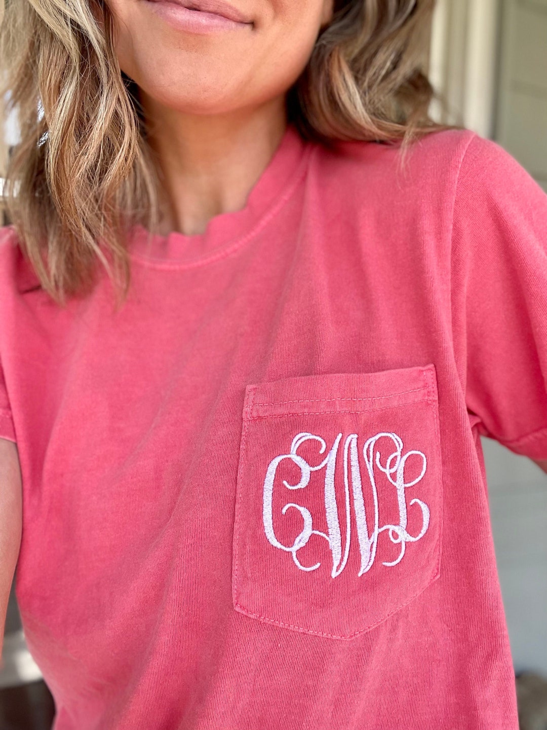 ☆ ☆ Here Pink Small Monogram Logo Short Sleeve Pink Bow Comfort Colors Shirt
