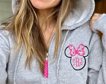 Veste zippée entièrement monogramme Minnie Mouse pour femme, sweat-shirt Disney