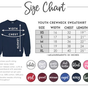 May include: Size chart for youth crewneck sweatshirts. The chart shows sizes XS through XL with corresponding width, chest, and length measurements in inches. The chart is labeled "Youth Crewneck Sweatshirt".