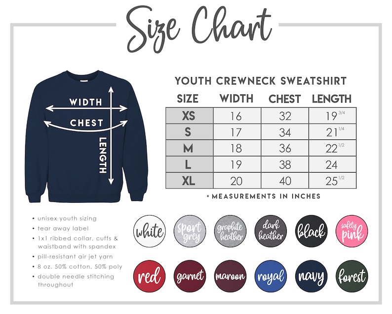 May include: Size chart for youth crewneck sweatshirts. The chart shows sizes XS through XL with corresponding width, chest, and length measurements in inches. The chart is labeled "Youth Crewneck Sweatshirt".