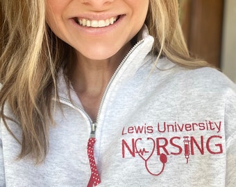 Nursing Sweatshirt Quarter Zip for Women, University School name nursing program pull over jacket, custom personalized College Student Zip