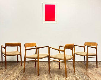 Mid Century Armrest Dining Chairs by Niels O. Møller for J.L. Moller, Oak Wood, Model 56 with papercord seat, Set of 4, Denmark, 1950s