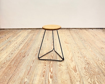 Stool with Black Steel Frame and Massive Oak Wood Seat