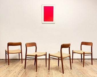 Mid century teak dining chairs with papercord seats by Niels O. Møller for J.L. Moller, Model 75, Set of 4, Denmark, 1950s