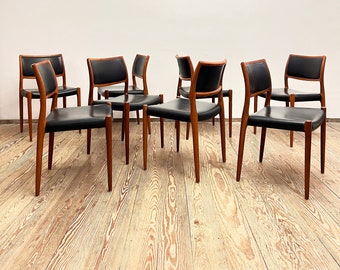 Mid century teak dining chairs with papercord seats by Niels O. Møller for J.L. Moller, Model 80, Set of 8, Denmark, 1950s