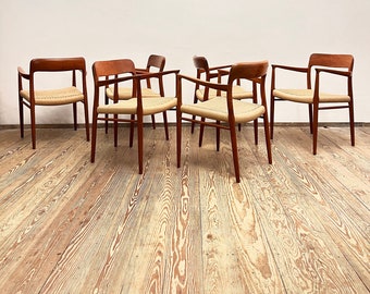 Mid century teak dining chairs with armrests by Niels O. Møller for J.L. Moller, Model 56, Set of 6, Denmark, 1950